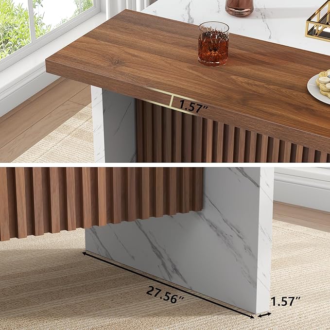 Gyfimoie 63" Large Imitation Marble Bar Table,Island Table with LED Lights,Mordern Marble Stripes Dining Table with Grille Design for Home Kitchen, Living Room, Balcony, Basement(White)