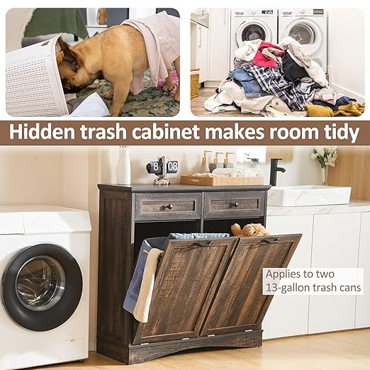 Double Tilt Out Trash Cabinet Freestanding Wooden Garbage Can Cabinet with Hideaway Drawers, 2x13 Gallons Pet Proof Garbage Can Holder for Kitchen Living Room, Rustic Brown