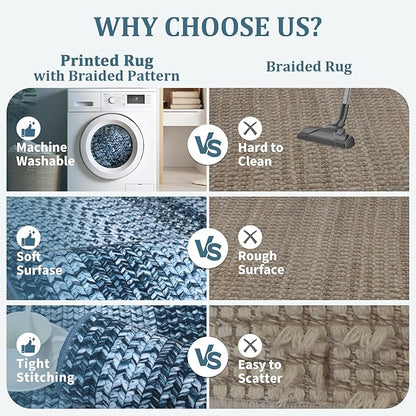 Printed Washable Area Rugs 10x13 Rug Modern Rugs for Bedroom Blue Rug Imitation Braided Soft Large Area Rug Non Slip Throw Rugs Stain Resistant Carpet for Nursery Dining Room 10'x13' Navy Blue