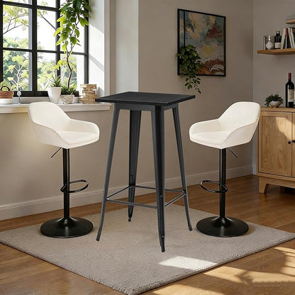 Glitzhome Bar Table and Chairs Set, Square Black Steel Pub Table with Soild Elm Wood Top and Bar Height Adjustable Swivel PU Leather Bar Stool for Breakfast Nook Living Room Small Space Restaurant