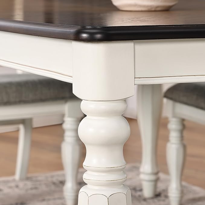 Roundhill Furniture Belleza French Country 74" Width Wood Dining Table, Table for 6, Antique White and Weathered Oak Finish