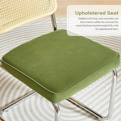 Rattan Back Velvet Dining Chair Set of 4 Modern Breuer Designed Stainless Chrome Base Armless Upholstered Dining Chair for Dining Room, Kitchen Island(Olive Green)