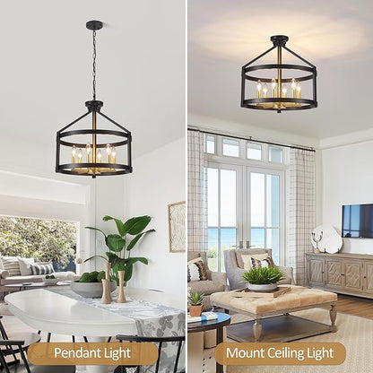 6-Light Modern Farmhouse Chandelier, Black and Gold Semi Flush Mount Ceiling Light Fixture Convertible Hanging Pendant Lights, Rustic Vintage Chandeliers for Dining Room Foyer Kitchen Bedroom Entryway