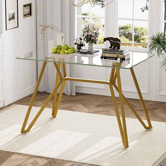 SSLine 47.3" Rectangle Glass Dining Table for 4 Modern Clear Glass Tabletop Kitchen Table for 4 Luxury Dinner Tables with Gold Nest Metal Base for Home Kitchen Dining Room(Table Only)