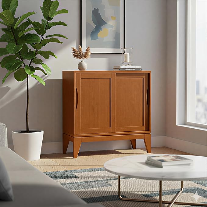 SIMPLIHOME Harper Storage Cabinet - 30 inch Wide Solid Hardwood 2-Shelf Low Console Cabinet in Teak Brown, Mid-Century Modern Cupboard for Living Room with Sliding Doors and Adjustable Shelves