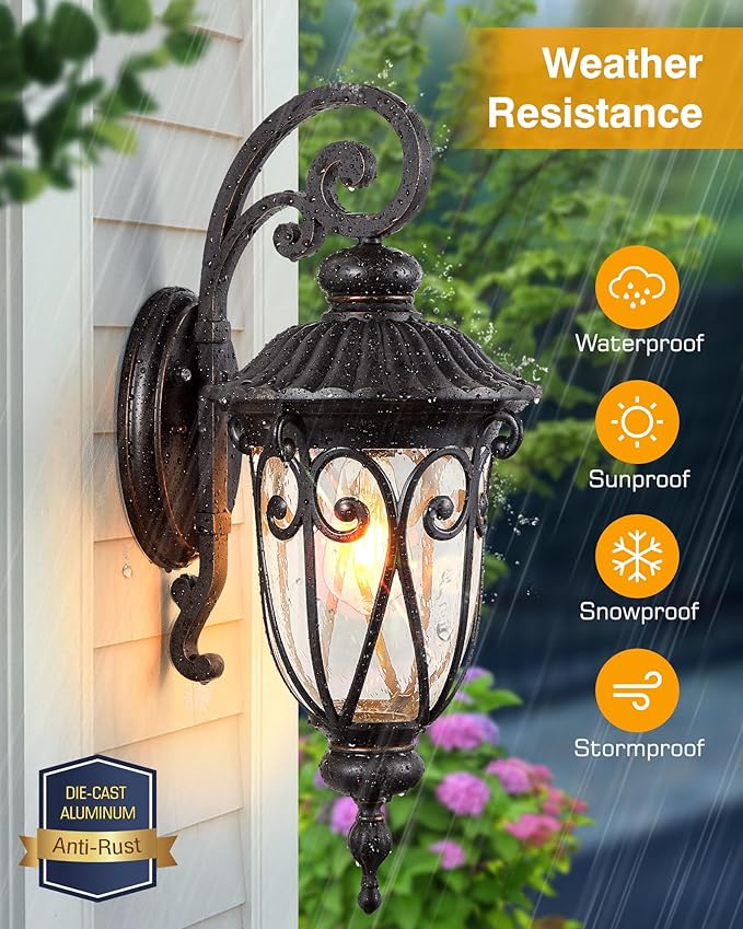 VIANIS Large Outdoor Lights for House Dusk to Dawn, Porch Lights Bronze, Waterproof Outdoor Light Fixture with Seed Glass,Anti-Rust Dusk to Dawn Outdoor Lighting for House, Porch, Entryway