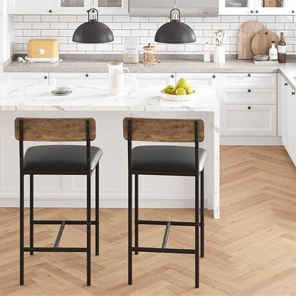 TrailBlaze Bar Stools Set of 2, 25.5'' Counter Height Upholstered Bar Chairs with Back & Footrest, Faux Leather, Thick Cushion - Black Metal Frame - Kitchen Island, Home Bar, Small Space