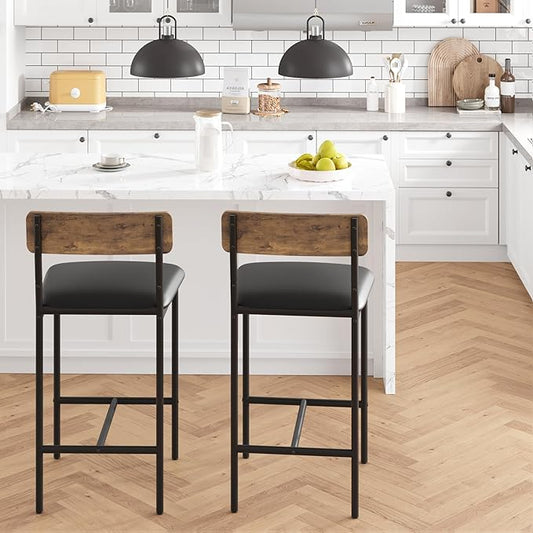 TrailBlaze Bar Stools Set of 2, 25.5'' Counter Height Upholstered Bar Chairs with Back & Footrest, Faux Leather, Thick Cushion - Black Metal Frame - Kitchen Island, Home Bar, Small Space