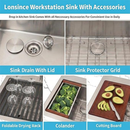 Drop In Kitchen Sink 26" X 22",Top Mount 16 Gauge Stainless Steel Workstation Sink,Single Bowl Kitchen Sinks