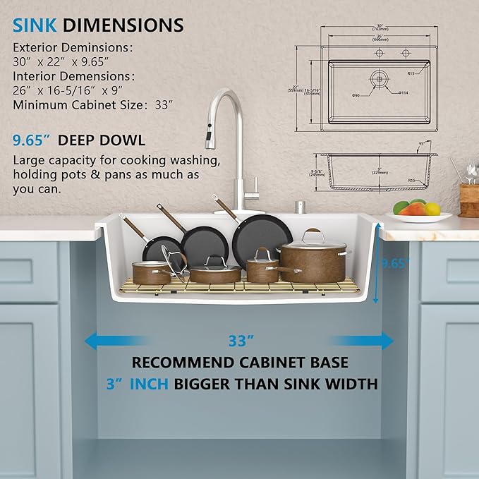 30"x22" Granite Composite Kitchen Sink – White Ledge Workstation Drop In Top-Mount Granite Quartz Classic Luxury Above Counter Single Bowl Sink Basin