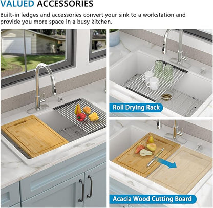 33"x22" Granite Composite Kitchen Sink - Ledge Workstation Drop In Topmount White Quartz Classic Above Counter Single Bowl Basin