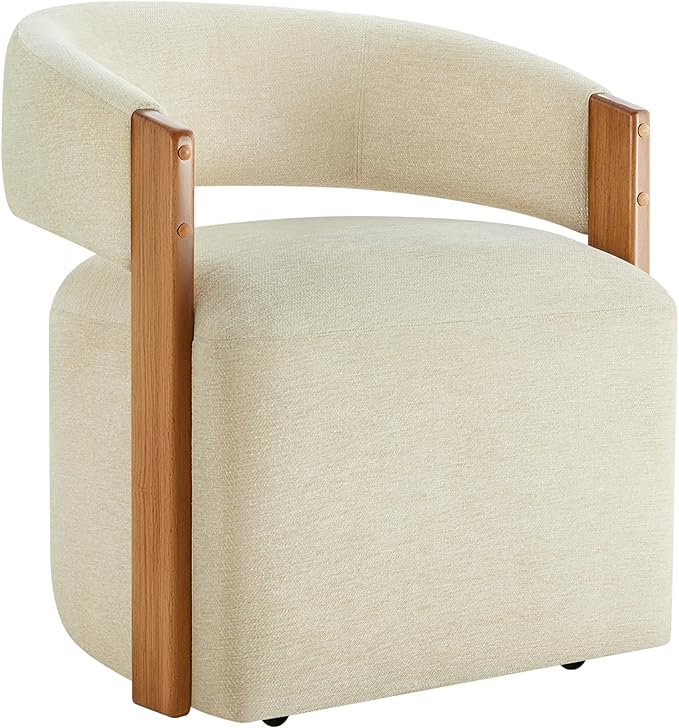 KISLOT Upholstered Dining Chairs with Casters, Modern Barrel Side Armchair with Rollers & Wooden Armrest for Dining Room, Bedroom, Kitchen, Reading Room, Sand, Set of 1