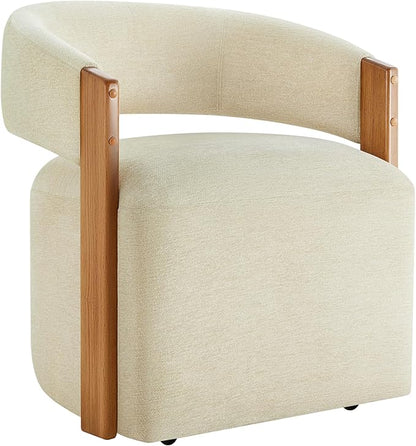 KISLOT Upholstered Dining Chairs with Casters, Modern Barrel Side Armchair with Rollers & Wooden Armrest for Dining Room, Bedroom, Kitchen, Reading Room, Sand, Set of 1