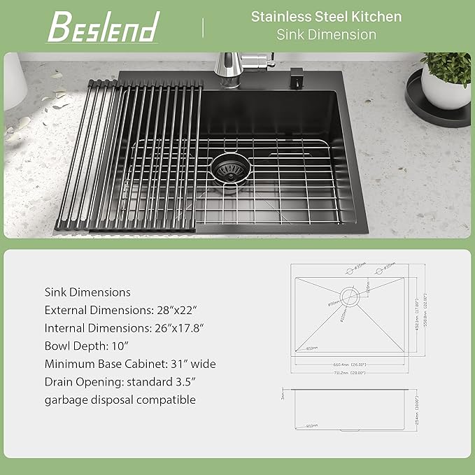 28 Drop In Black Kitchen Sink - Beslend 28x22 Drop In Black Sink 16 Gauge Stainless Steel Gunmetal Black Kitchen Sinks Topmount Deep Single Bowl Dish Basin 28"x22"x10"