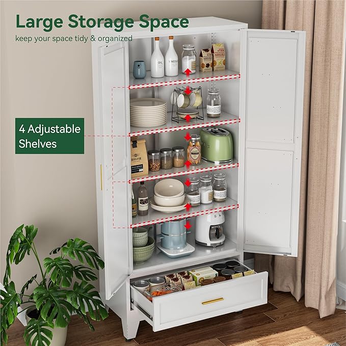 Bevivog Farmhouse Metal Storage Cabinet with 4 Shelves, 71" Tall Shelf Cabinets with 2 Barn Doors & Drawer, 31.5" Wide Storage Cabinet with Doors for Office/Pantry/Bathroom
