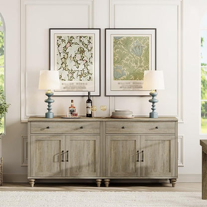 WAMAPT Buffet Cabinet with 4 Doors and 2 Drawers, Large Coffee Bar Table Wood Kitchen Storage Cabinets with Storage Cabinets, Modern Farmhouse Sideboard Credenza for Dining Room, Wash Grey, 68 inch