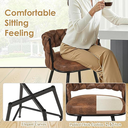 VECELO Bar Stools Set of 2, Counter Height Bar Stools, 26 inch Seat Barstools with Woven Back and Footrest for Kitchen Island Counter, Brown