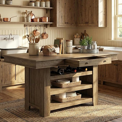 Garvee Counter Height Dining Table with 2 Drawers, 36" Farmhouse Wooden Large Bar Kitchen Table with Wine Rack & 3 Shelves, Rectangular, Thick Frame for Kitchen, Bar & Entertaining, Retro Gray
