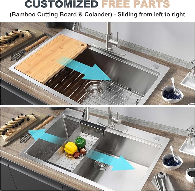 Herogo 33 X 22 Workstation Kitchen Sink, 10" Deep Drop In 18/10 Stainless Steel Topmount Single Bowl 2-Hole R10 Tight Radius Large Kitchen Sinks with Kit of 5 Accessories