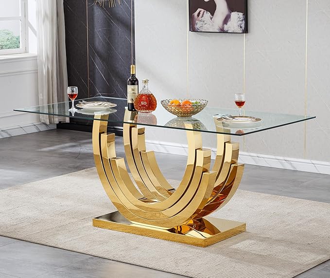 Dining Table for 4 6 People,70" Modern Glass Kitchen Dining Room Table with Tempered Glass Top and Gold Geometric Stainless Steel Pedestal,Luxurious Rectangle Dinner Table for Kitchen, Dining Room