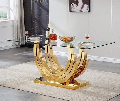 Dining Table for 4 6 People,70" Modern Glass Kitchen Dining Room Table with Tempered Glass Top and Gold Geometric Stainless Steel Pedestal,Luxurious Rectangle Dinner Table for Kitchen, Dining Room