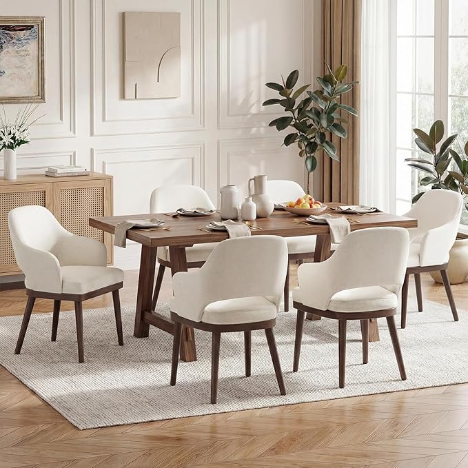 MALOL Wooden Dining Chairs Set of 6, Modern Fabric Upholstered Dining Room Chair, Kitchen Side Chairs, Farmhouse Dinner Chair with Open Back for Kitchen, Beige