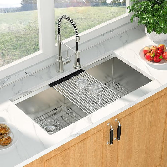 Mocoloo 36 Inch Undermount Double Bowl Kitchen Sink - 36 x 19 Workstation 16 Gauge Stainless Steel Low Divide 50/50 Bowl Handmade with 2 Basins