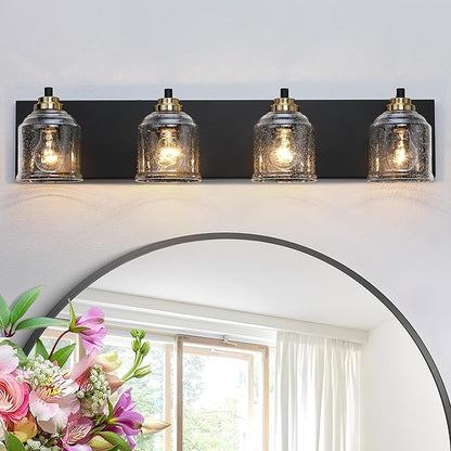 31.5" Large Farmhouse Bathroom Vanity Light,4-Light Black and Gold Metal Vanity Light with Bubble Glass Shades,Rustic Wall Sconce Lighting Fixtures Over Mirror for Barhroom,Kitchen. BD005-4-BG