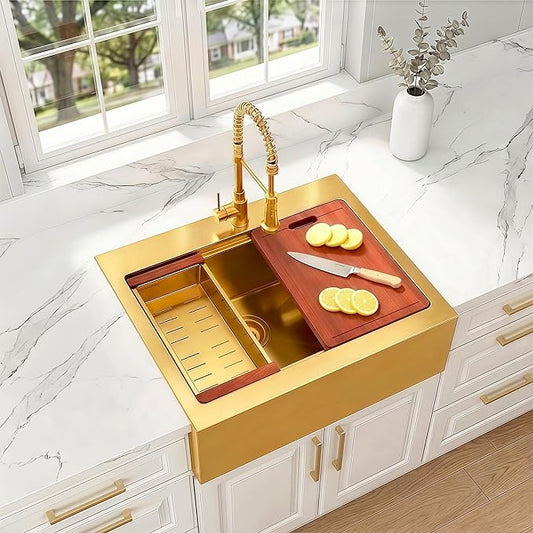 30 Inch Farmhouse Gold Sink, 16 Gauge 304 Stainless Steel Farm Sinks, Drop In Topmount Single Bowl Workstation Sink with all Accessories, 30" x 22" x 10" Large and Deep Kitchen Sink