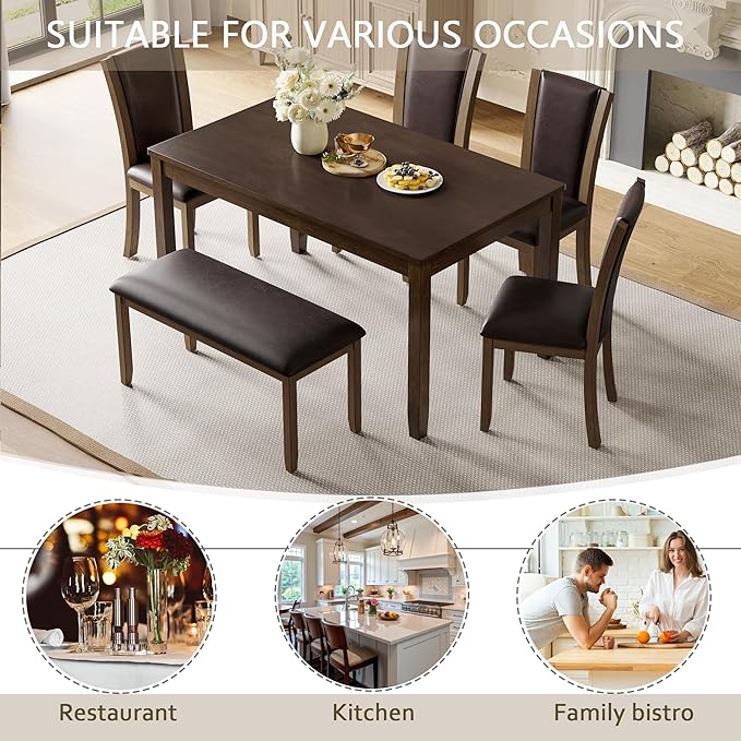 6-Piece Dining Table Set with Bench, Modern Wood Dining Table Set for 6, Kitchen and Dining Room Table and Chairs Set, Grey & White Two-Tone