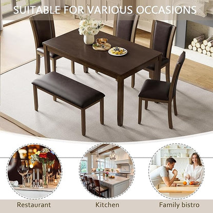 6-Piece Dining Table Set with Bench, Modern Wood Dining Table Set for 6, Kitchen and Dining Room Table and Chairs Set, Grey & White Two-Tone