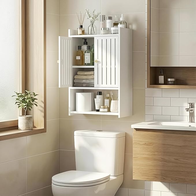 HAYOFAMY Wall Bathroom Storage Cabinet, 4-Tier Medicine Cabinet with Door, Bath Shelf Organizer for Living Room Kitchen Entryway Small Space (7.9" D x 15.7" W x 23.6" H)