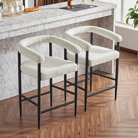 Upholstered Bar Stools Set of 2, Fabric Counter Height Chairs with Metal Frame Armrests, Kitchen Island Bar Chairs for Home, Dining Room, Cafe,White