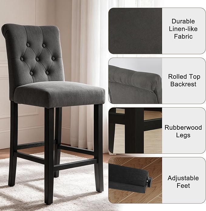 LSSBOUGHT 24 Inches Upholstered Counter Stools, Bar Stools Set of 2, Fabric Counter Stools with Back, Counter Height Bar Chairs with Solid Wood Legs for Home Kitchen Island Dining Room, (2pcs,Grey)