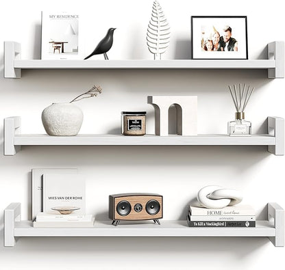 Vailando Floating Shelves for Wall, Set of 3 Solid Wood Wall Mounted Shelves, 23.6" White Display Shelf for Bedroom, Living Room, Bathroom, and Kitchen Decor - Heavy-Duty & Natural Pine