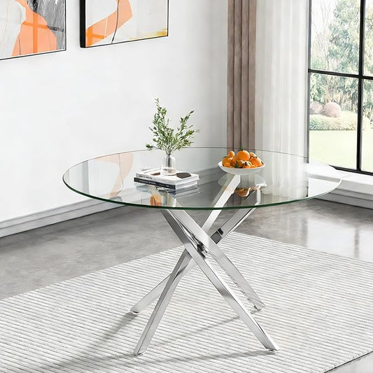Pvillez 47.2“ Round Dining Table for 4, Contemporary Tempered Glass Dining Table, Small Dinner Table with Silver Metal Base, Round Clear Kitchen Table Writing Desk for Dining Kitchen