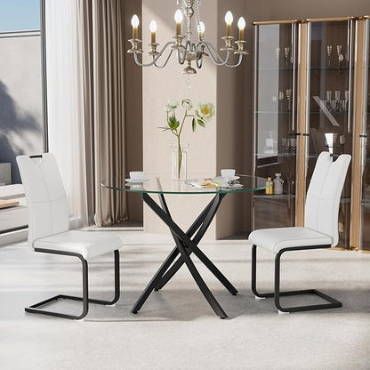 36-Inch Round Tempered Glass Dining Table for 2-4 Person Space-Saving Small Kitchen Table with Heavy-Duty Black Metal Legs Perfect for Breakfast Nook, Studio Apartment & Bistro Setting