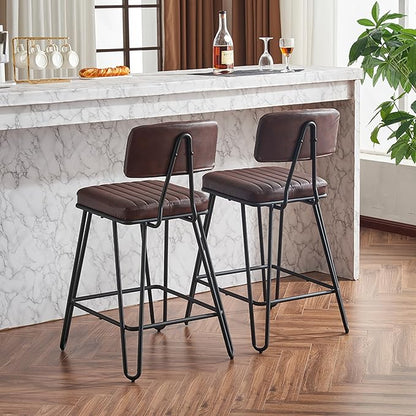 Bar Stools Set of 2, Counter Height Chairs with PU Leather Upholstery Metal Frame, Vintage Bar Chairs with Backrest Footrest for Kitchen Island, Dining Room, Home Bar, Brown