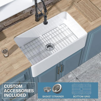 White Farmhouse Sink 30 x 18 Inch, Firecaly Apron Front Undermount Farm Kitchen Sink Single Bowl, with Custom Accessories 2 Types, for Kitchen, Laundry, Small Space