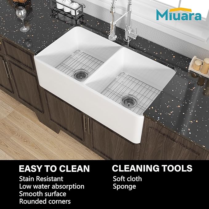 Miuara Farmhouse Sink Double Bowl 33 Inch - White Apron Front Kitchen Sink Reversible 33"x18"x10", Undermount Installation, Farm House﻿ Style Dual Basin 50/50, Heavy Duty Solid Fireclay, for Kitchen
