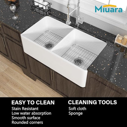 Miuara Farmhouse Sink Double Bowl 33 Inch - White Apron Front Kitchen Sink Reversible 33"x18"x10", Undermount Installation, Farm House﻿ Style Dual Basin 50/50, Heavy Duty Solid Fireclay, for Kitchen
