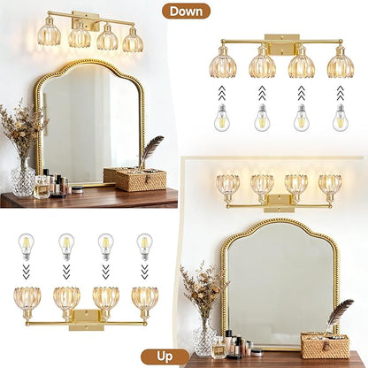 Bathroom Light Fixtures Over Mirror, 27.2 in Vintage Bathroom Light Fixture 4 Light,Antique Brass Wall Sconce with Amber Tulip Glass Shade for Bedroom Living Room,Foyer,Hallway, E26 Base