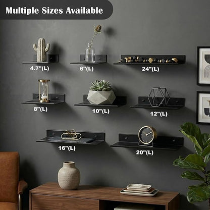 Z metnal Small Floating Shelves for Wall, 8-Inch Modern Aluminum Metal Display Shelf, Rustproof Minimalist Decor Wall Shelf for Bathroom, Bedroom & Office, No-Drill & Screw Mount, Matte Black, 2-Pack