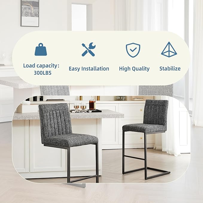26" Counter Height Bar Stools Set of 2, Modern Upholstered Chairs with Vertical Tufted Backrest & Footrest, Metal Frame for Kitchen Island, Home Bar (Dark Gray Knitted)