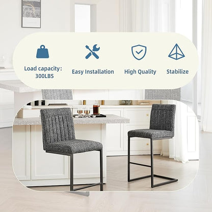 26" Counter Height Bar Stools Set of 2, Modern Upholstered Chairs with Vertical Tufted Backrest & Footrest, Metal Frame for Kitchen Island, Home Bar (Dark Gray Knitted)