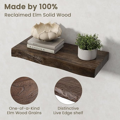 Fun Memories Floating Shelves for Wall Decor Set of 2-20 Inch Solid Elm Wood Live Edge - Rustic Walnut Wall Shelves with Invisible Brackets - for Living Room, Bedroom, Kitchen - Walnut Finish