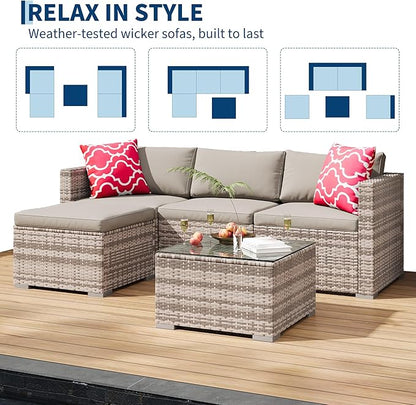 GAOMON 5-Piece All-Weather Patio Furniture Set, Convertible Outdoor Sectional Sofa with Ottoman & Tempered Glass Table, PE Rattan Conversation Set for Garden, Backyard, Porch, Poolside