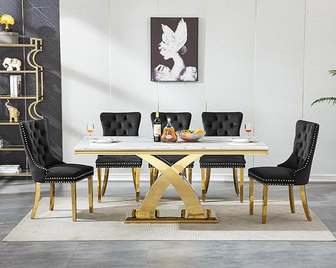 68" Faux Marble White Dining Table for 6-8, Modern Dining Room Table with 0.71" Marble Printing MDF Top and X-Shaped Gold Stainless Steel Base, Rectangle Kitchen Dinner Table