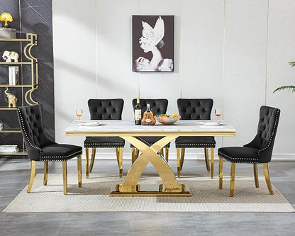 68" Faux Marble White Dining Table for 6-8, Modern Dining Room Table with 0.71" Marble Printing MDF Top and X-Shaped Gold Stainless Steel Base, Rectangle Kitchen Dinner Table