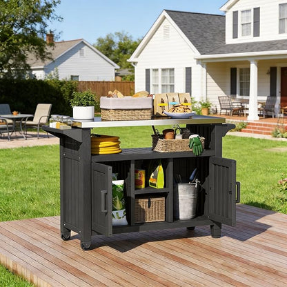 Bifanuo Resin Outdoor Kitchen Island with Stainless Steel Top & Storage Cabinet for Kitchen Prep, Weatherproof Outdoor Grill Table/Cart for BBQ Food Prep, Black